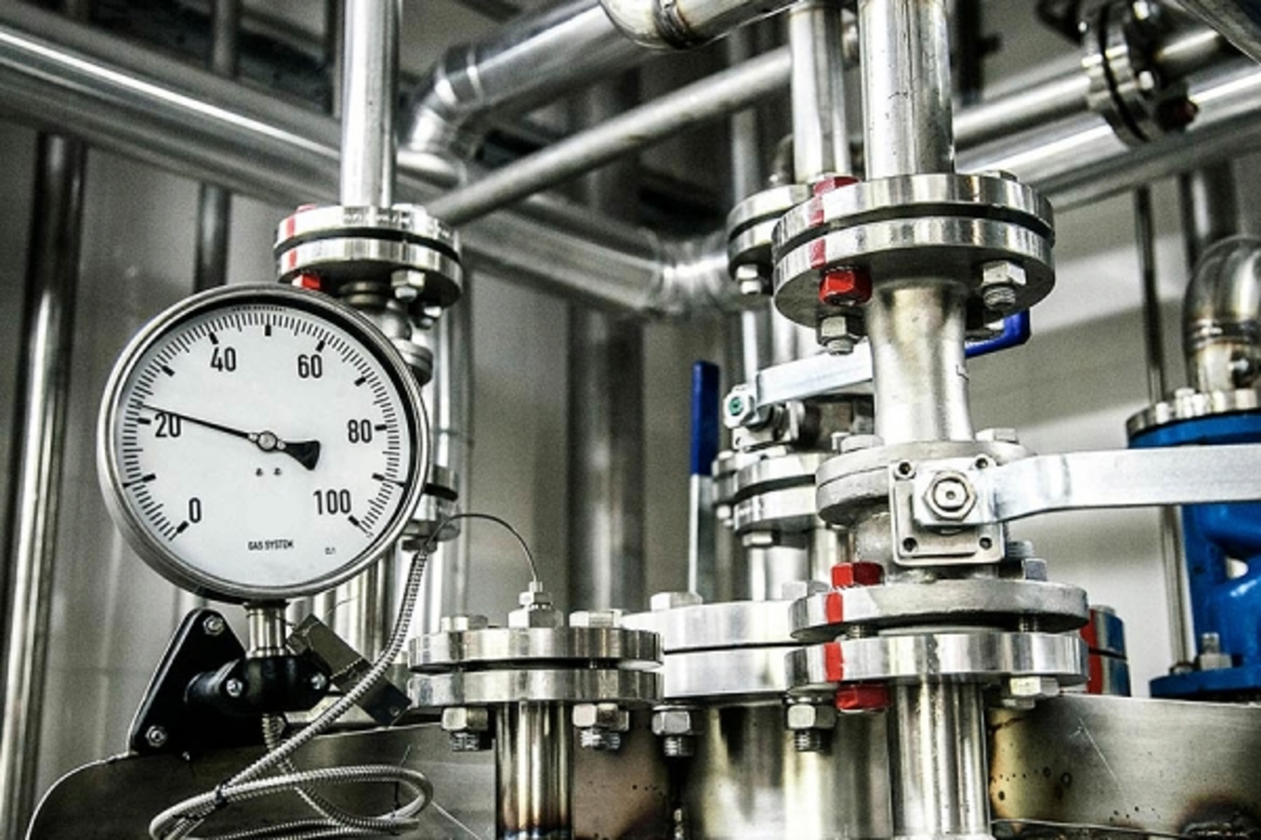 Industrial pressure system with stainless steel vessels, copper pipework and analogue gauges